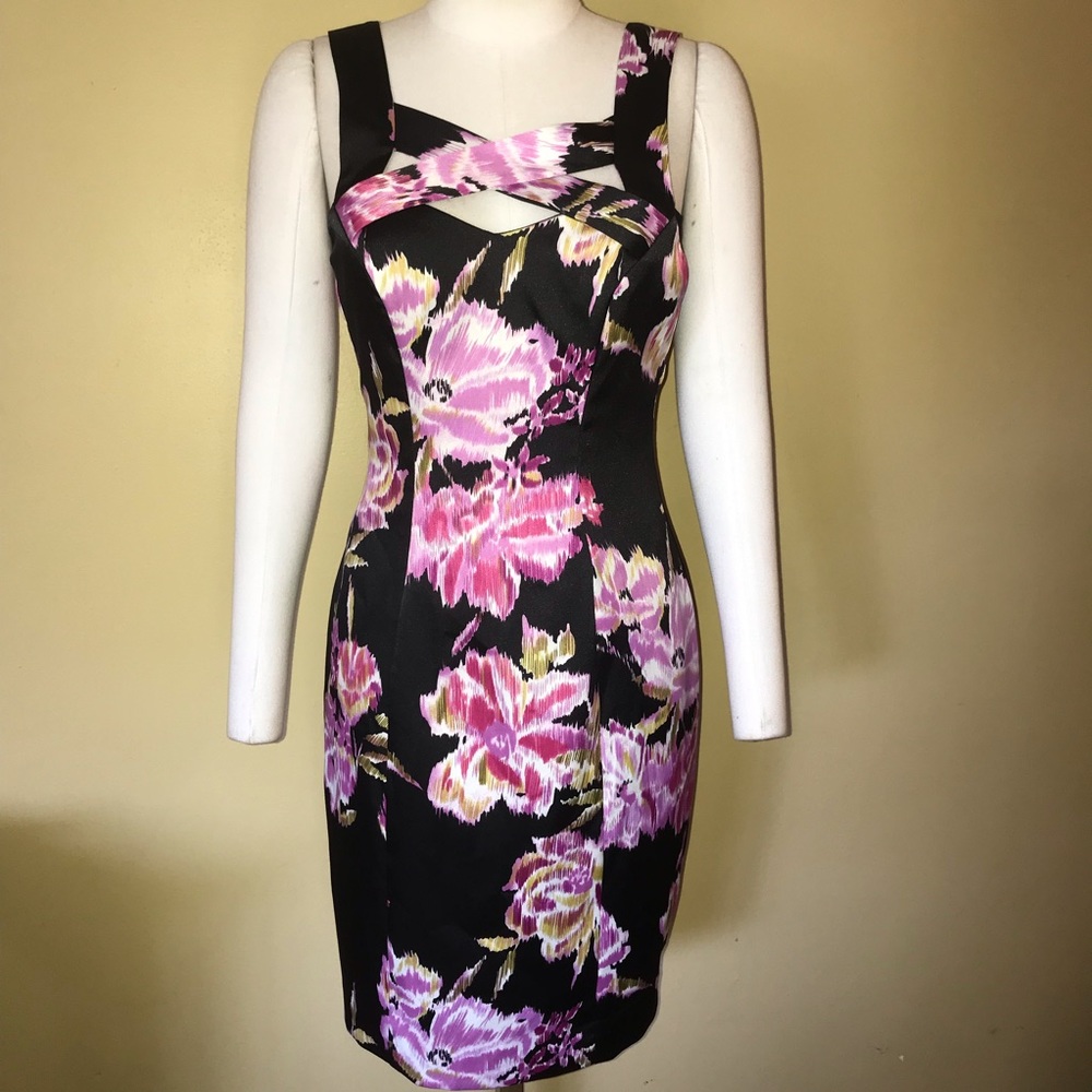 Cache Sleeveless Black Pink Lilac Floral Cut Out Cross Front Dress